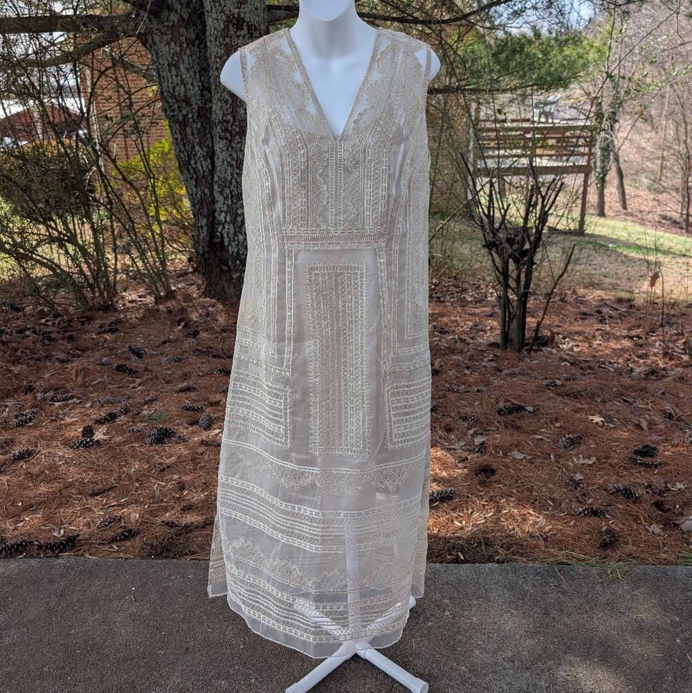 Per Se Carlisle Womens Tan Gold Sheer Lace Embroidered Midi Dress Maxi Overlay 6
